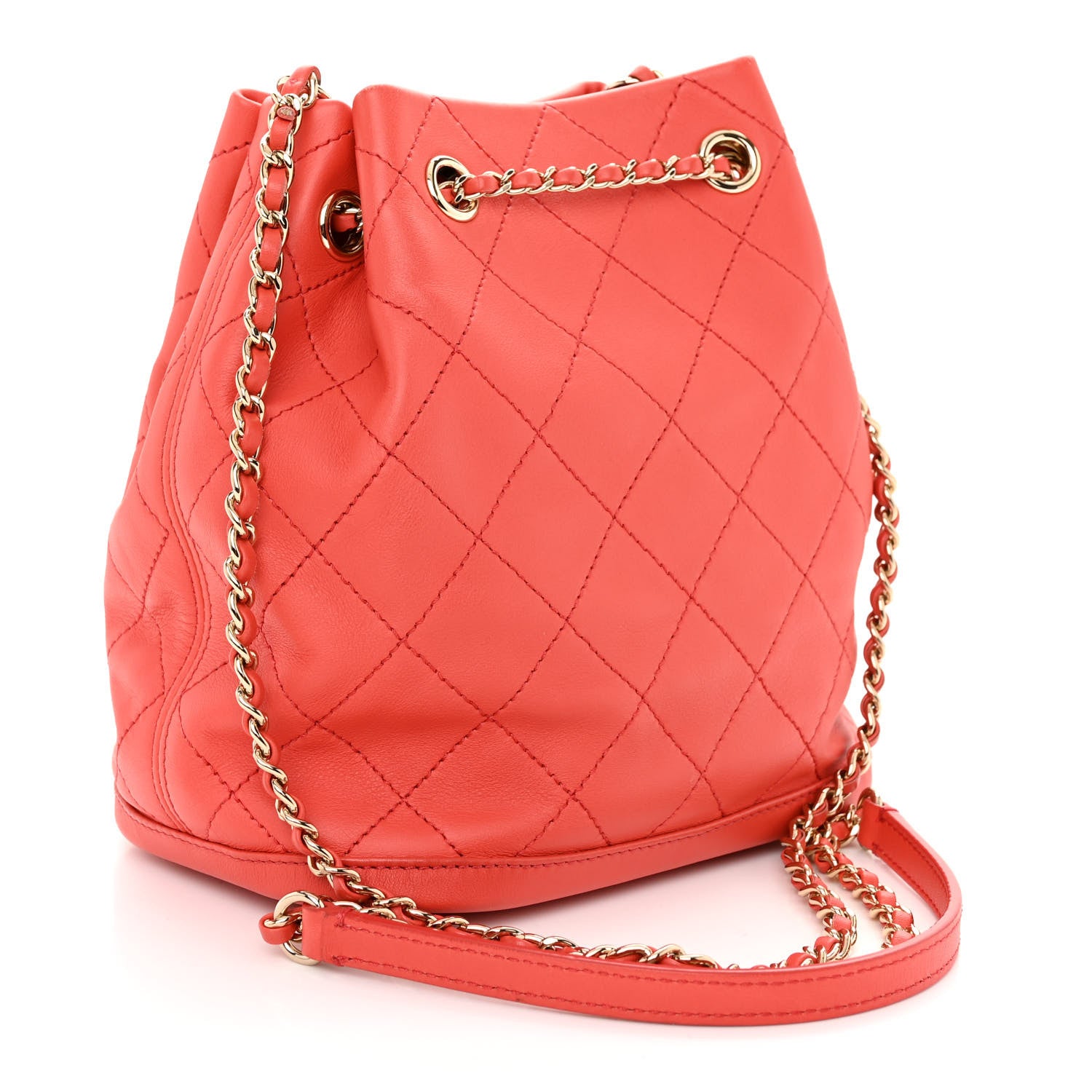 Chanel Calfskin Stitched Chain Bucket Bag Coral 3 of 10