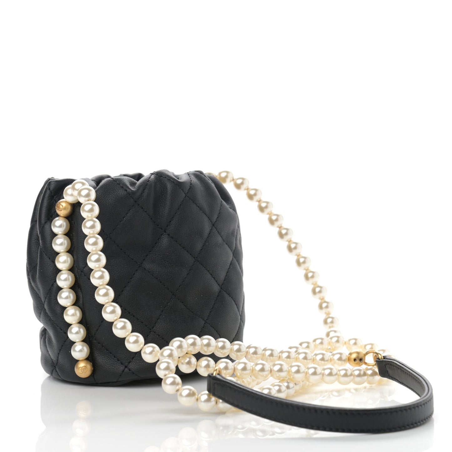 Calfskin Quilted Pearl Mini About Pearls Drawstring Bucket Bag Black