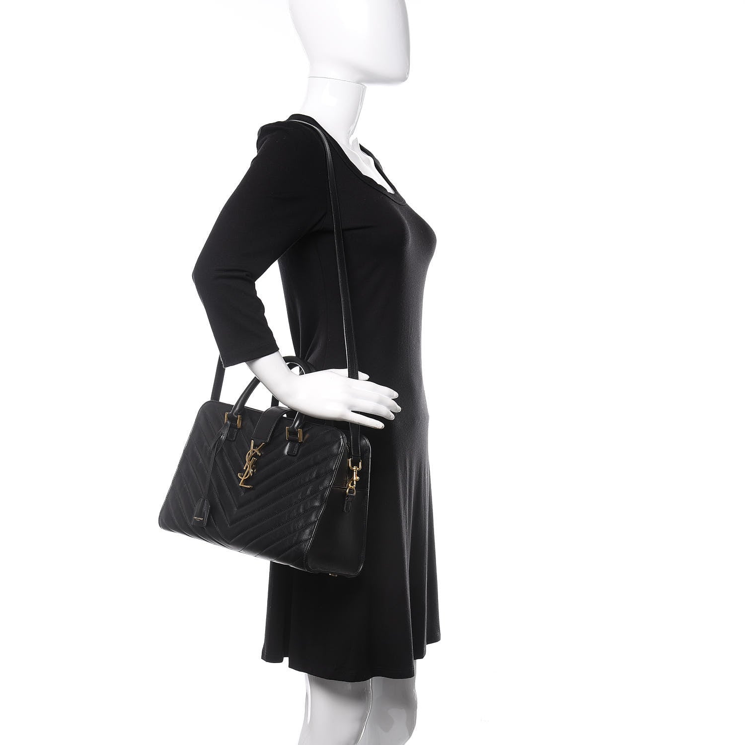 Saint Laurent Calfskin Matelasse Chevron Small Monogram Cabas Black 2 of 9