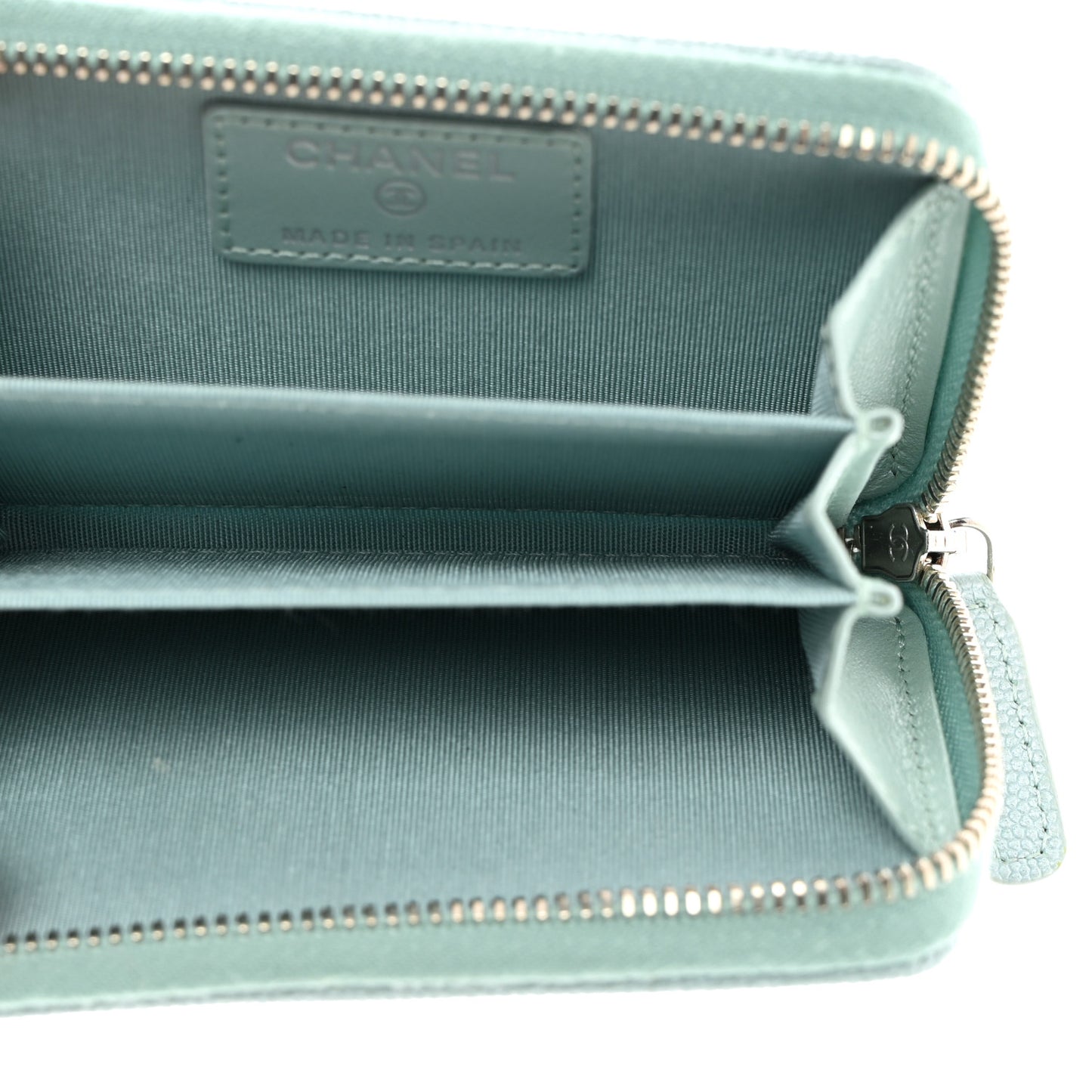 Metallic Caviar Chevron Quilted Vintage Mademoiselle Zip Coin Purse Light Blue