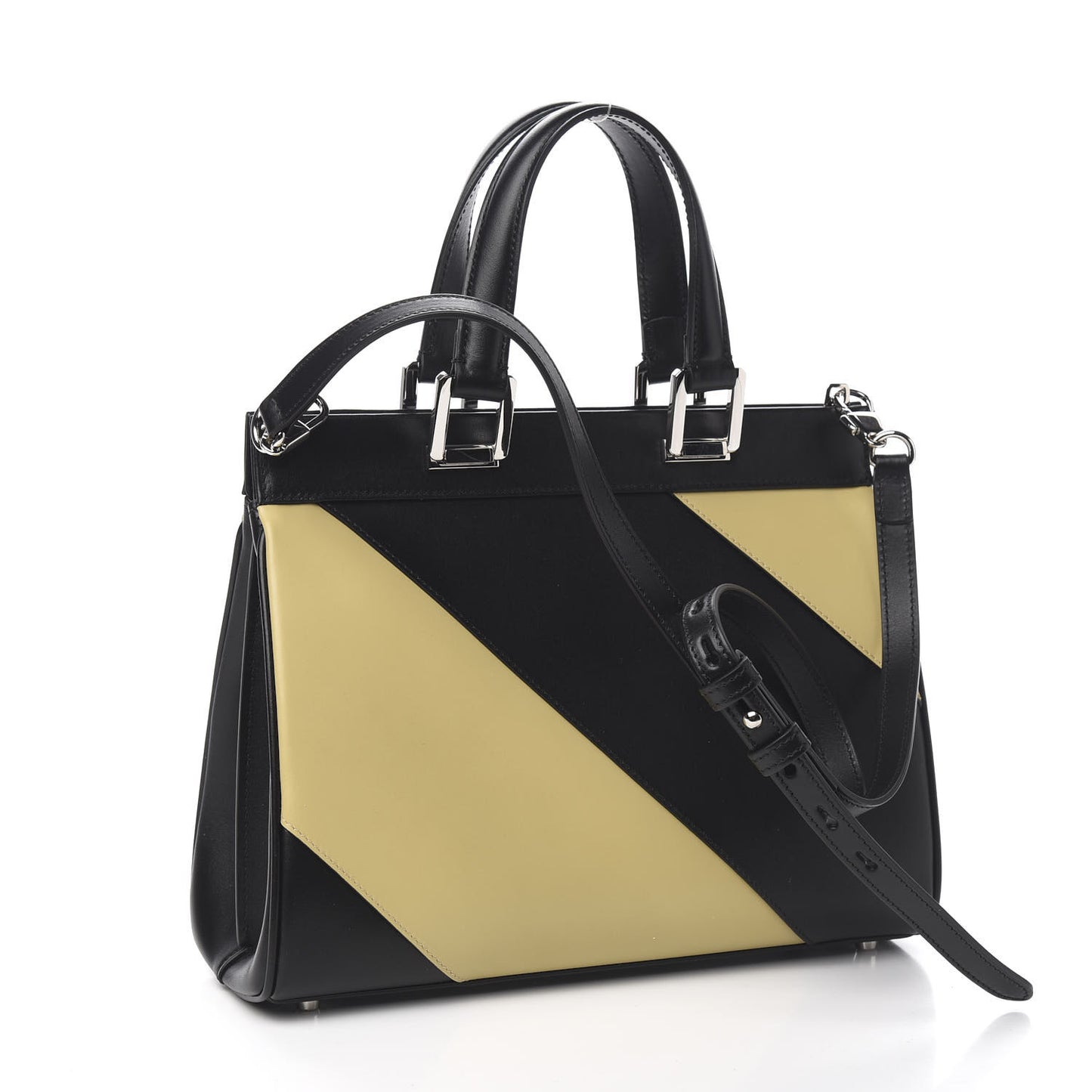 Smooth Calfskin Diagonal Striped Small Zumi Top Handle Bag Black Beige
