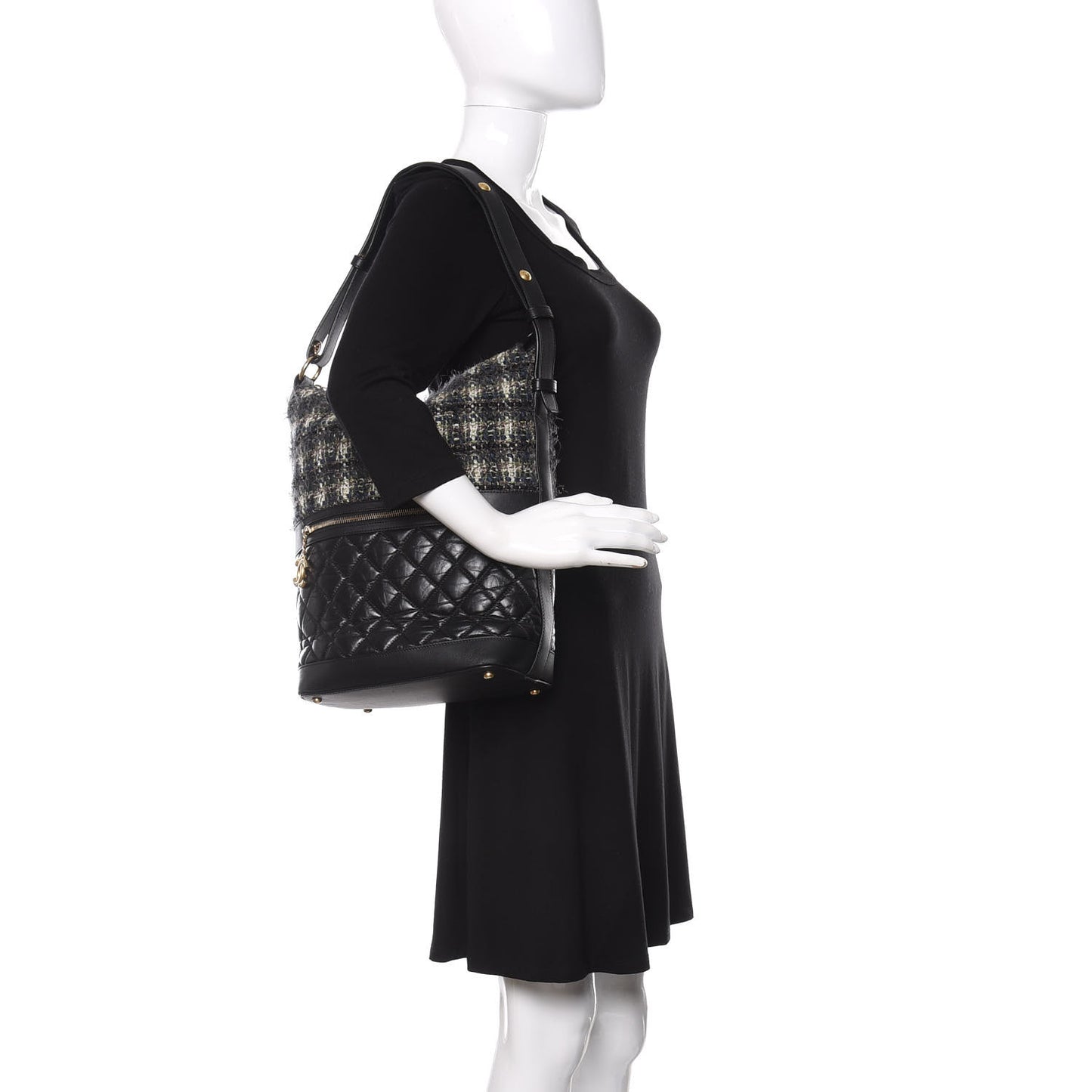 Tweed Aged Calfskin Quilted Casual Style Hobo Black
