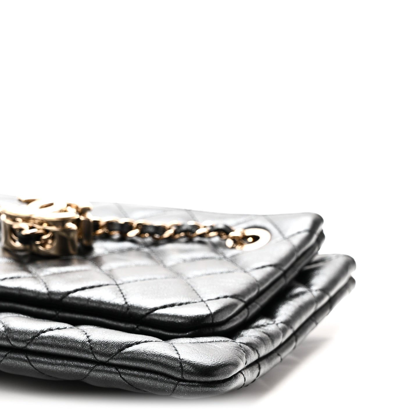 Shiny Lambskin Quilted Medium Double Case With Strap Black
