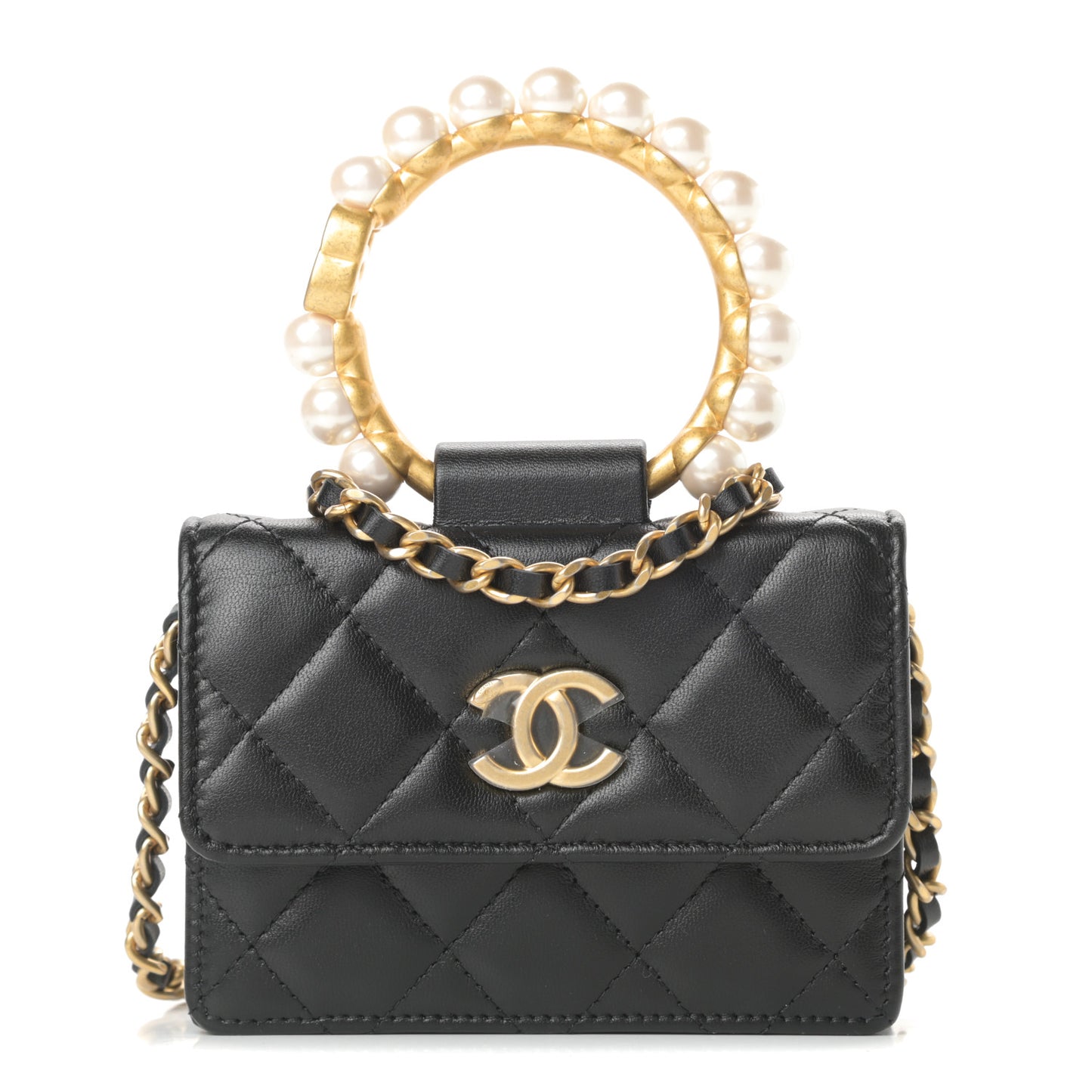 Lambskin Quilted Pearl Crown Clutch With Chain Black