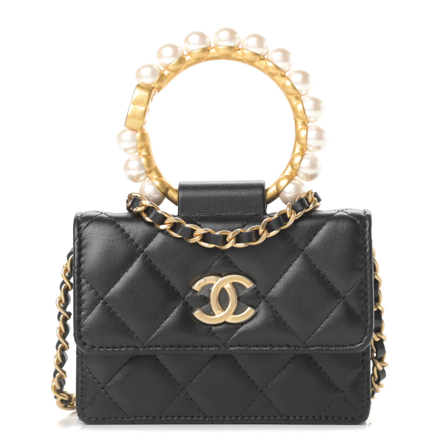 Chanel Lambskin Quilted Pearl Crown Clutch With Chain Black 1 of 12