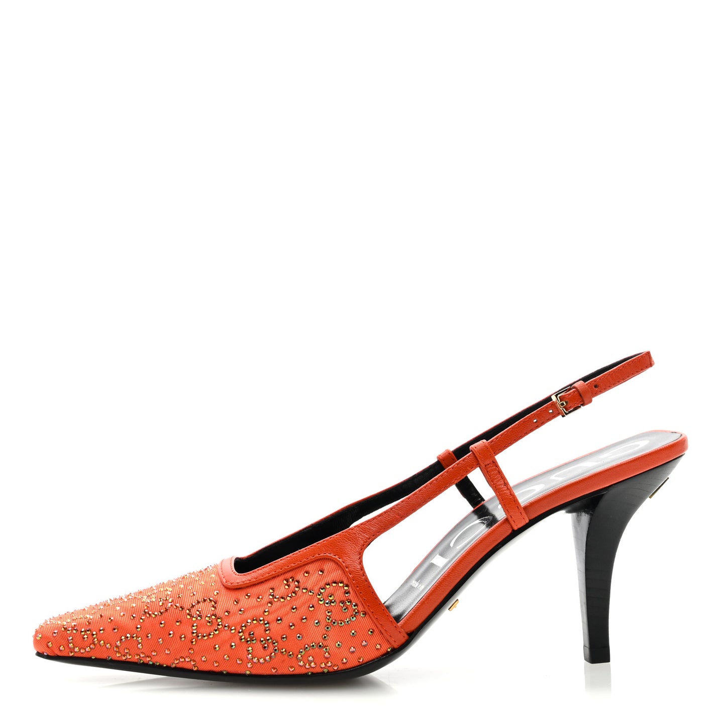 Moire Fabric Malaga Kid Crystal GG Monogram Square G 75mm Slingback Pumps 38 Deep Orange