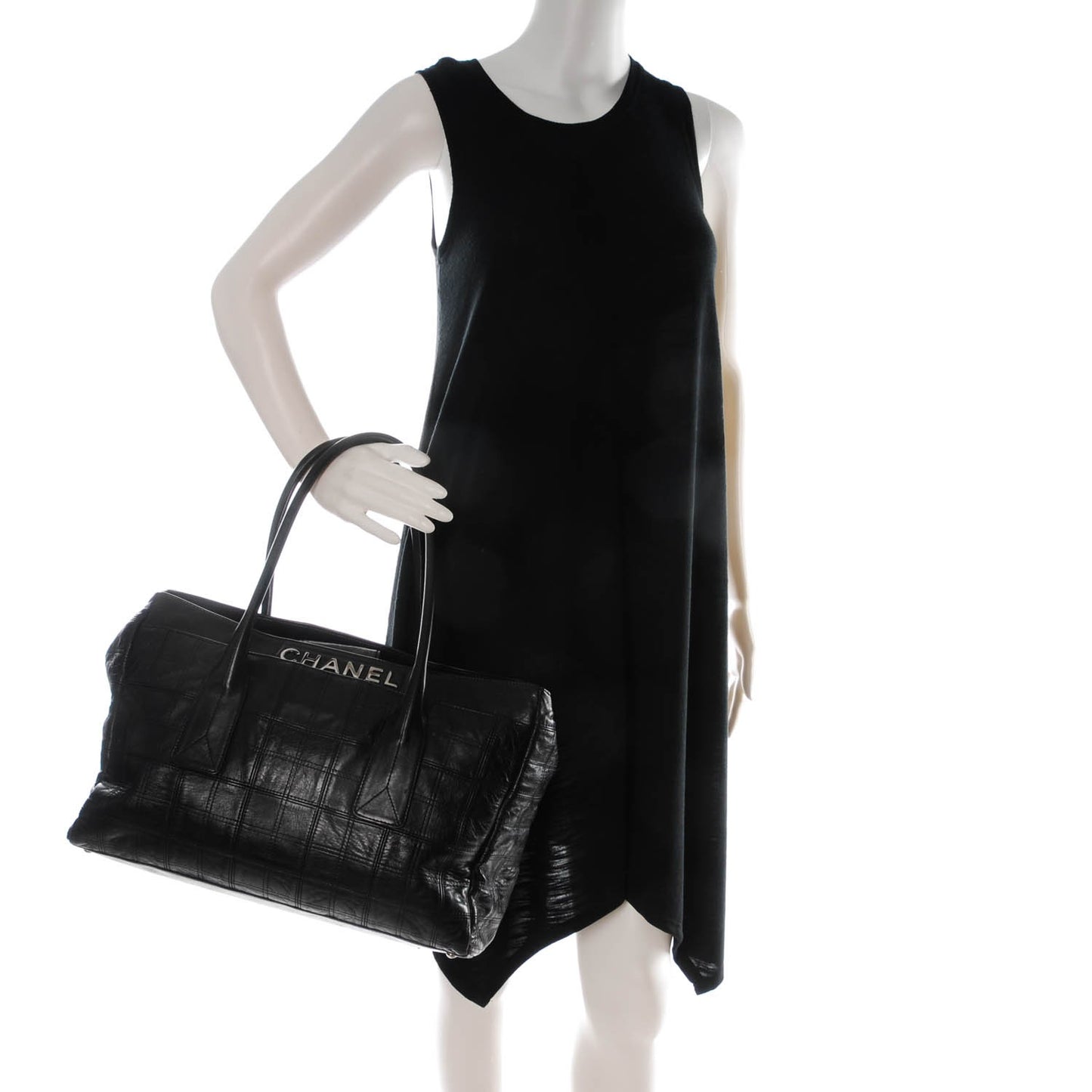Lambskin Square Stitched Lax Shopping Tote Black