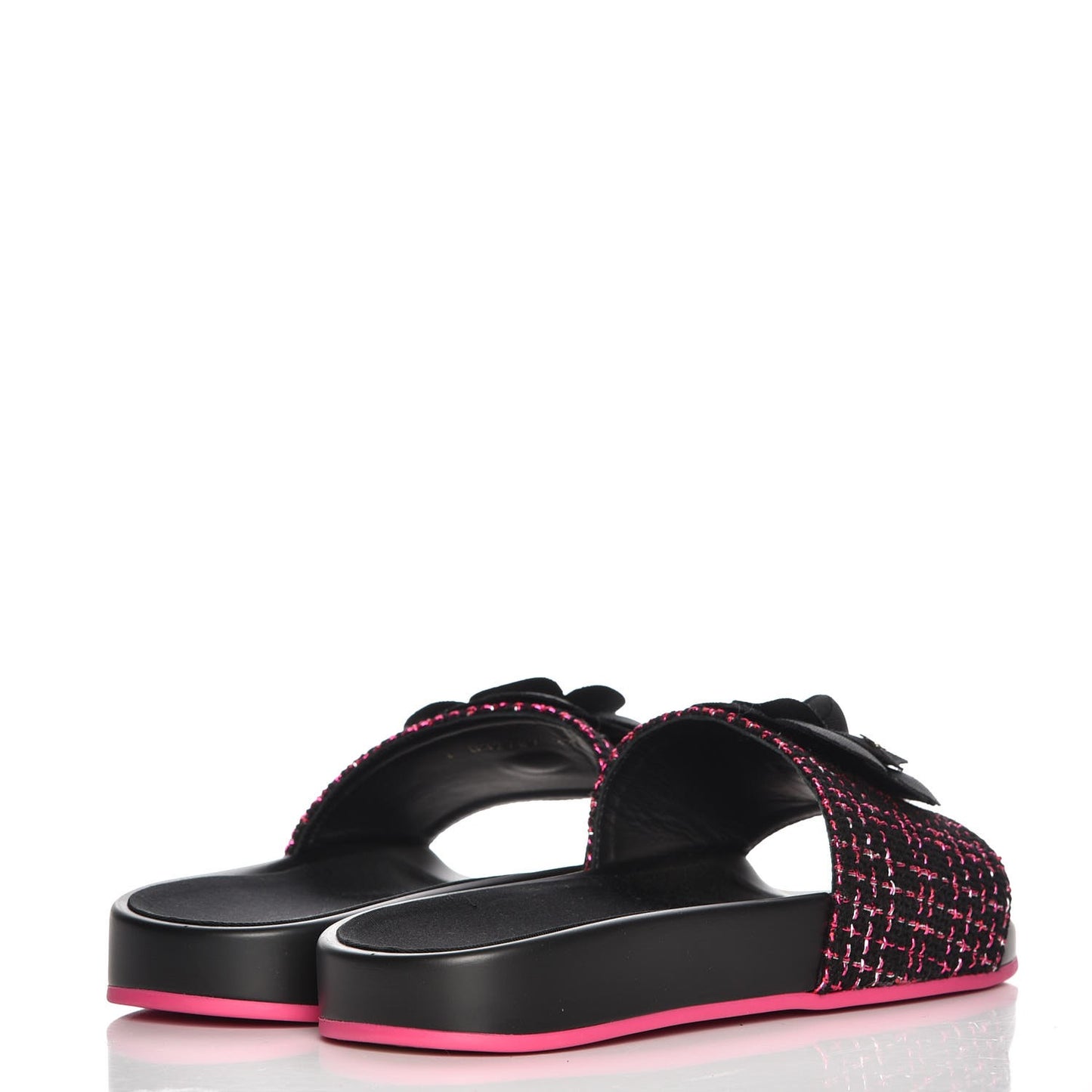 Tweed Grosgrain Camellia CC Flat Mules 37 Black Pink