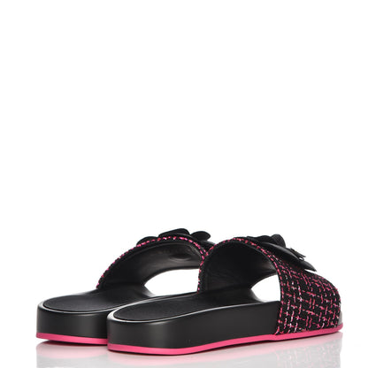 Chanel Tweed Grosgrain Camellia CC Flat Mules 37 Black Pink 4 of 9