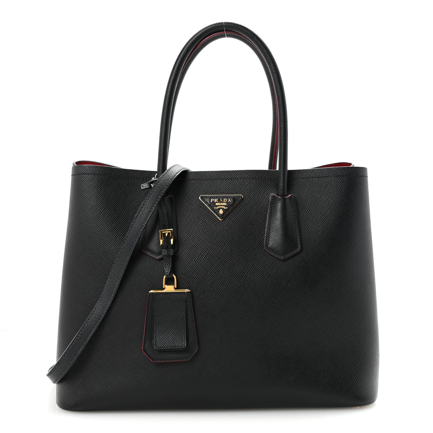 Prada Saffiano Cuir Medium Double Bag Black Fuoco 1 of 9