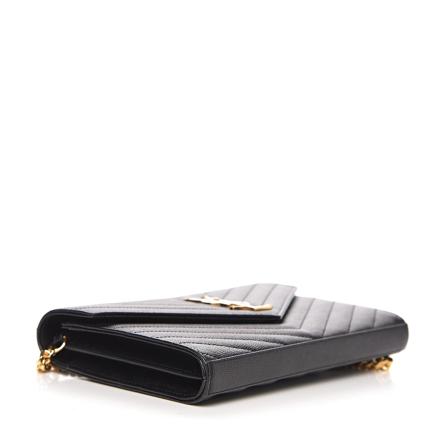 Saint Laurent Grain De Poudre Matelasse Chevron Monogram Chain Wallet Black 3 of 9