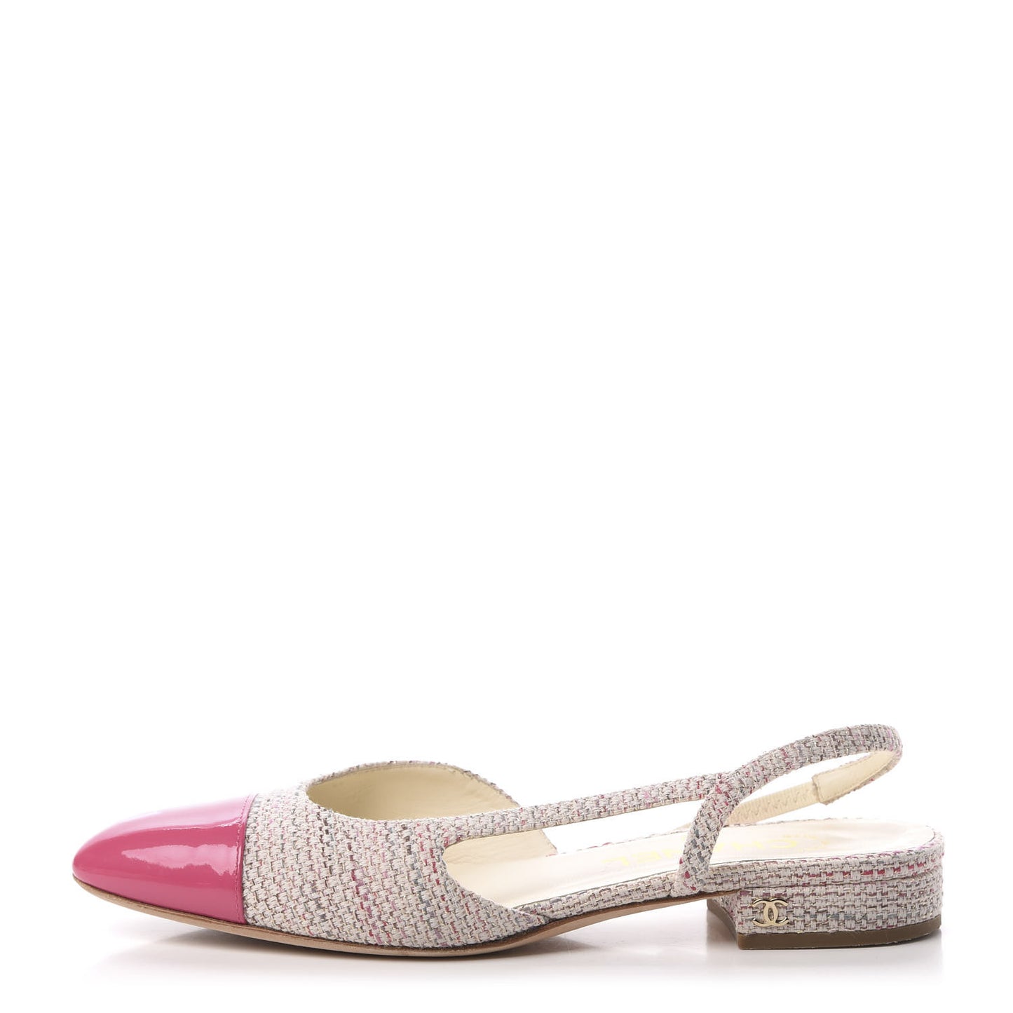 Tweed Patent Cap Toe CC Slingback Flat 36.5 Pink White