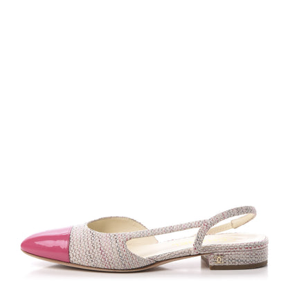 Chanel Tweed Patent Cap Toe CC Slingback Flat 36.5 Pink White 1 of 10
