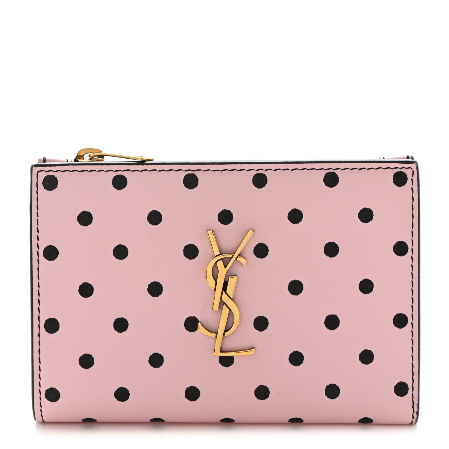 Saint Laurent Calfskin Polka Dot Monogram Bi Fold Zipped Wallet Pink Black 1 of 7
