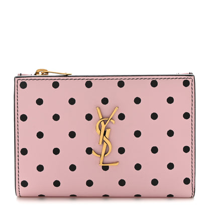 Saint Laurent Calfskin Polka Dot Monogram Bi Fold Zipped Wallet Pink Black 1 of 7