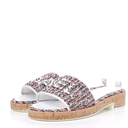 Chanel Tweed Cork Mule Sandal 37.5 White Multicolor 4 of 10