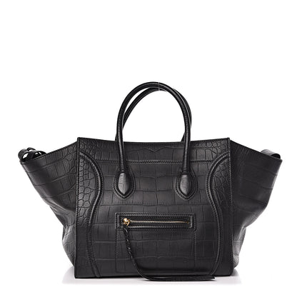 Celine Crocodile Embossed Calfskin Medium Phantom Luggage Black 1 of 17