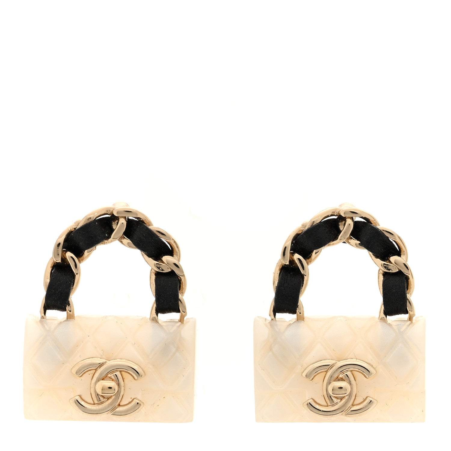 Chanel Metal Resin Lambskin Quilted CC Turnlock Chain Flap Bag Earrings White Gold 1 of 5