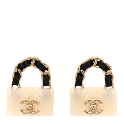 Chanel Metal Resin Lambskin Quilted CC Turnlock Chain Flap Bag Earrings White Gold 1 of 5