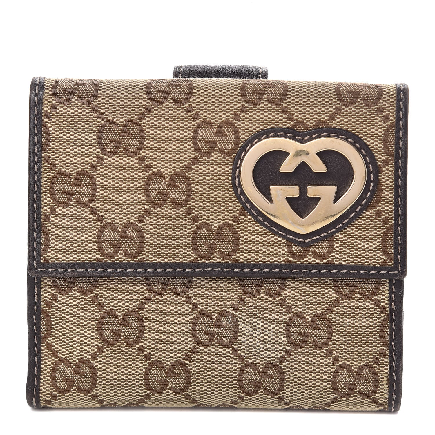 Gucci Monogram Lovely Heart French Flap Wallet Dark Brown 1 of 8