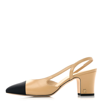 Chanel Goatskin Grosgrain Cap Toe CC Slingback Pumps 37.5 Beige Black 1 of 9