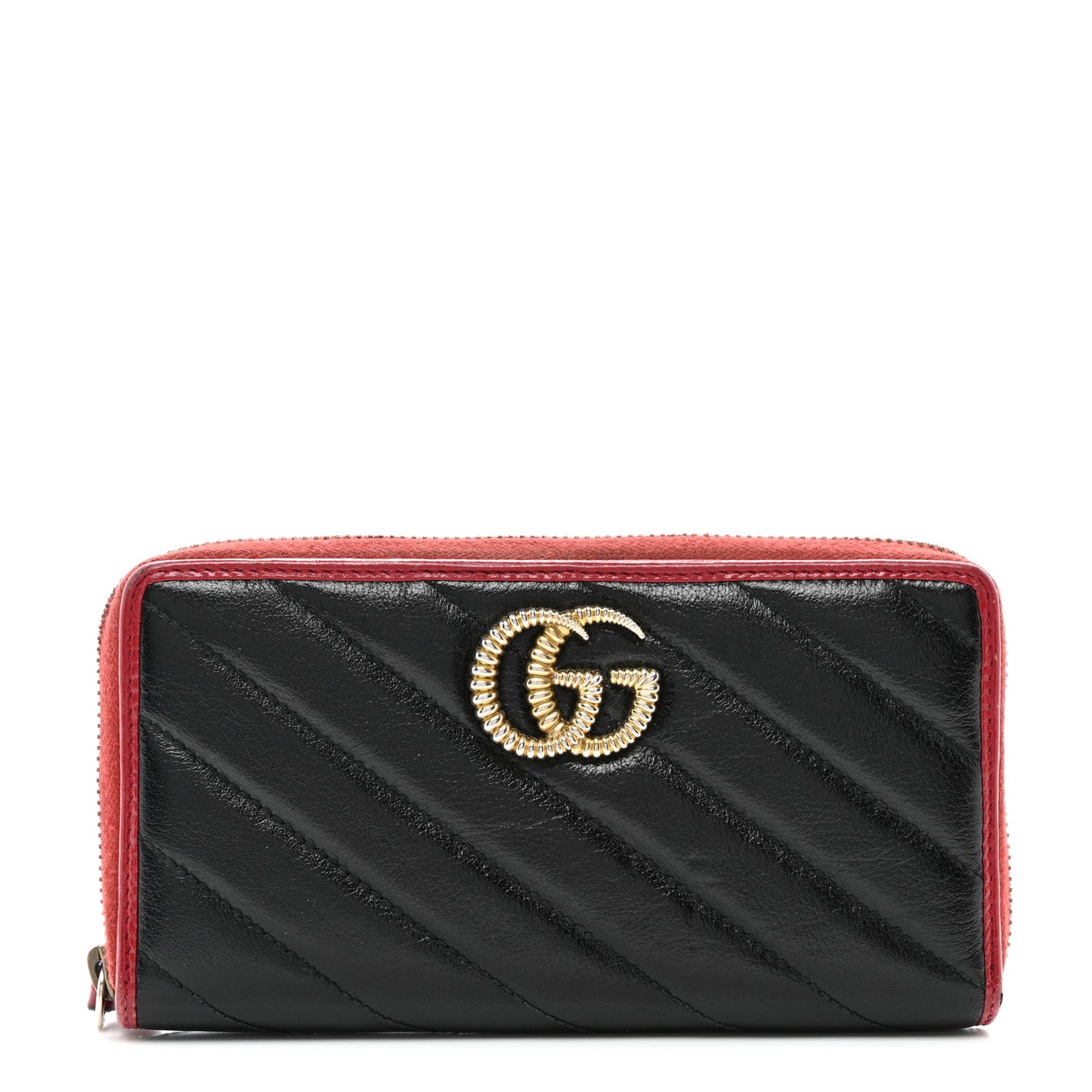Vintage Effect Calfskin Matelasse Diagonal Torchon GG Marmont Zip Around Wallet Black Romantic Cherry