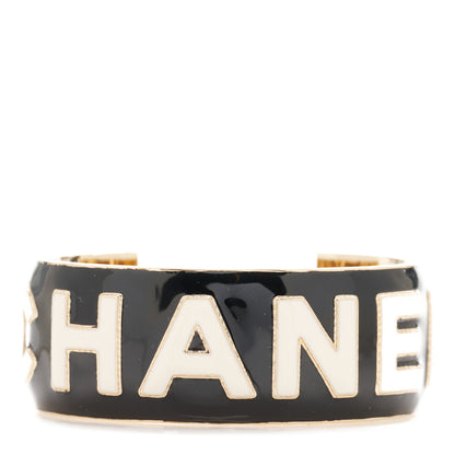 Chanel Metal Enamel Wide Chanel Logo Cuff Bracelet M Black White 1 of 4