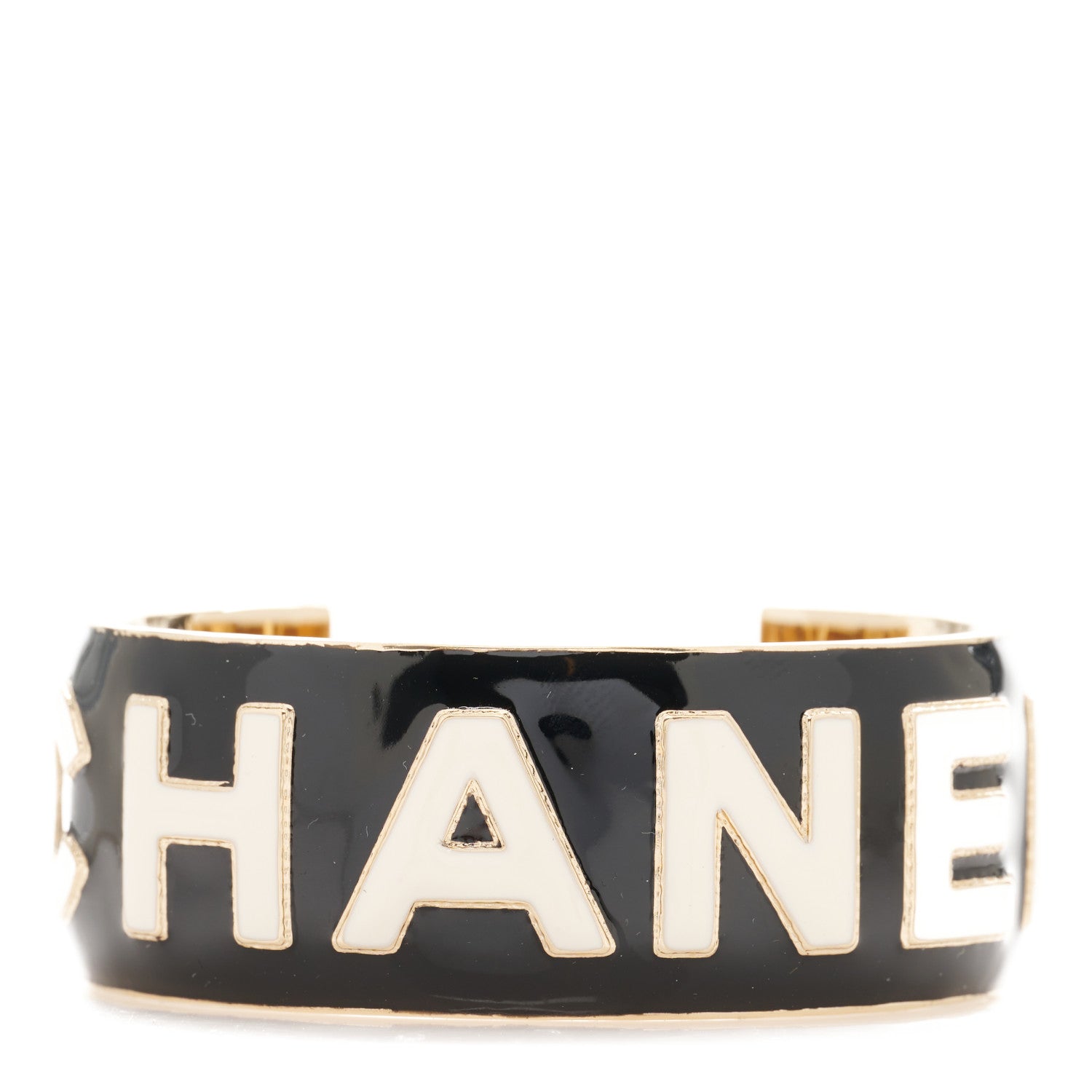 Chanel Metal Enamel Wide Chanel Logo Cuff Bracelet M Black White 1 of 4