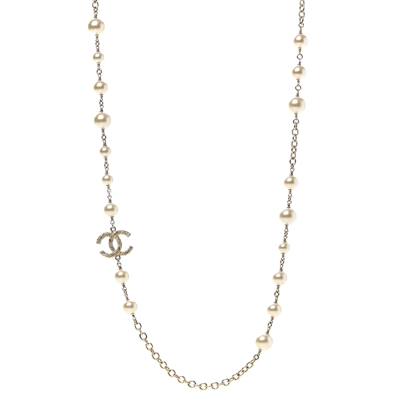 Graduated Pearl Crystal Twisted CC Long Necklace Gold
