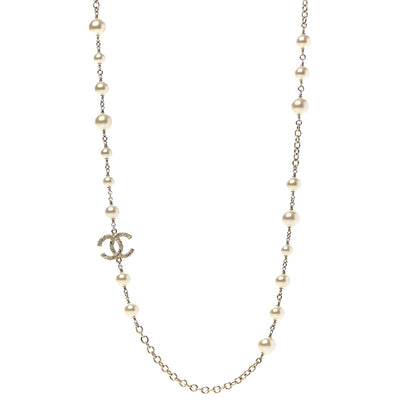 Chanel Graduated Pearl Crystal Twisted CC Long Necklace Gold 1 of 7