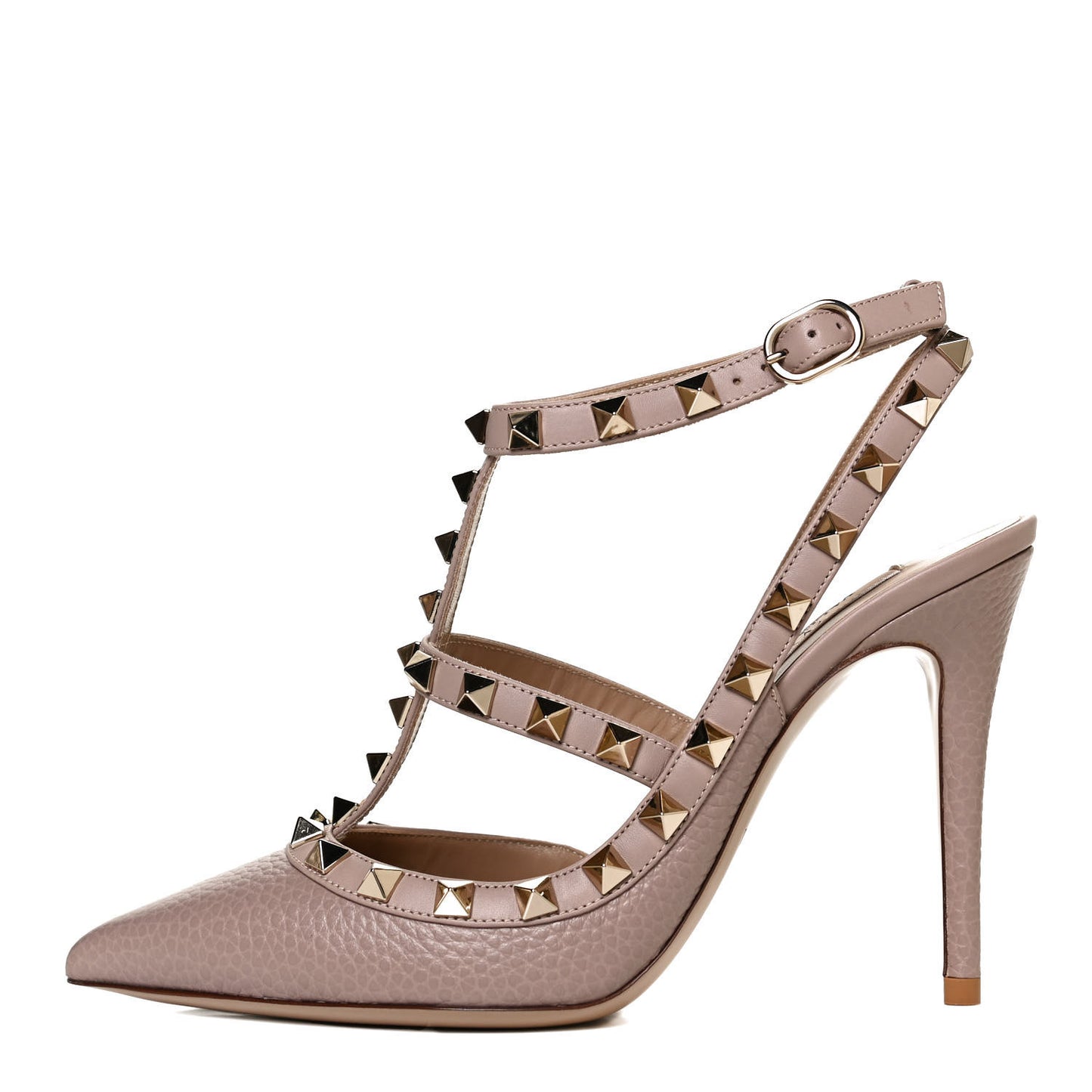 Pebbled Calfskin Rockstud Ankle Strap Pumps 36 Poudre