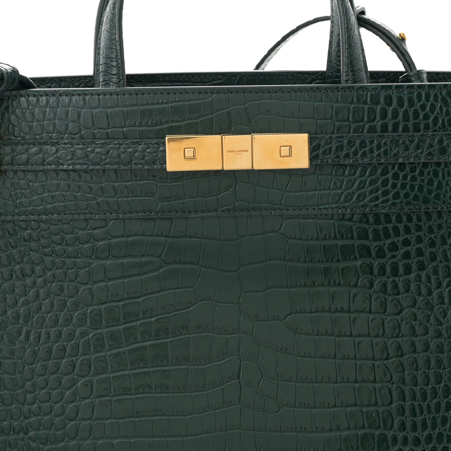 Shiny Calfskin Crocodile Embossed Small Manhattan Shopper Tote Green