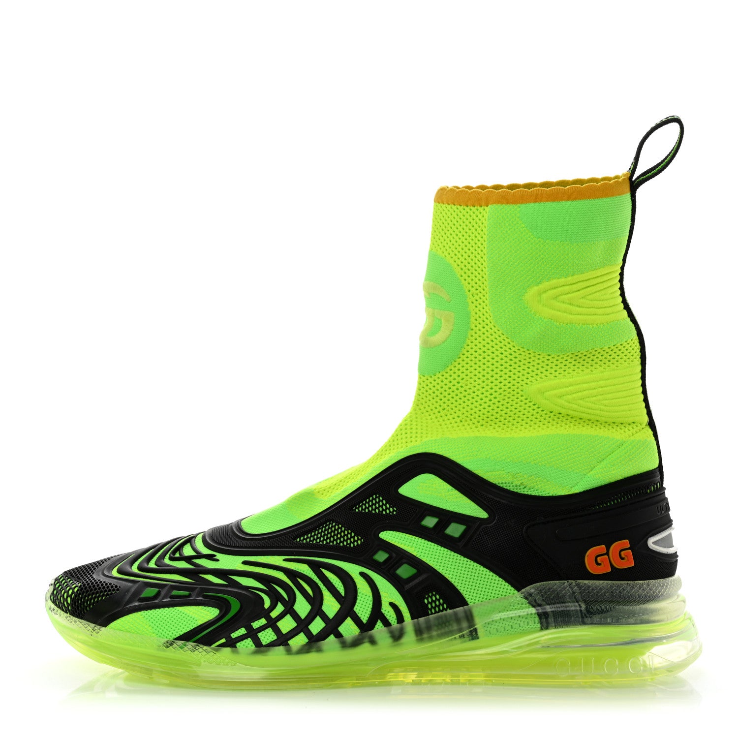 Gucci Rubber Technical Fabric Mens Ultrapace R Mid Top Sock Sneakers 11 Black Neon Green Yellow Fluo Crop 1 of 8