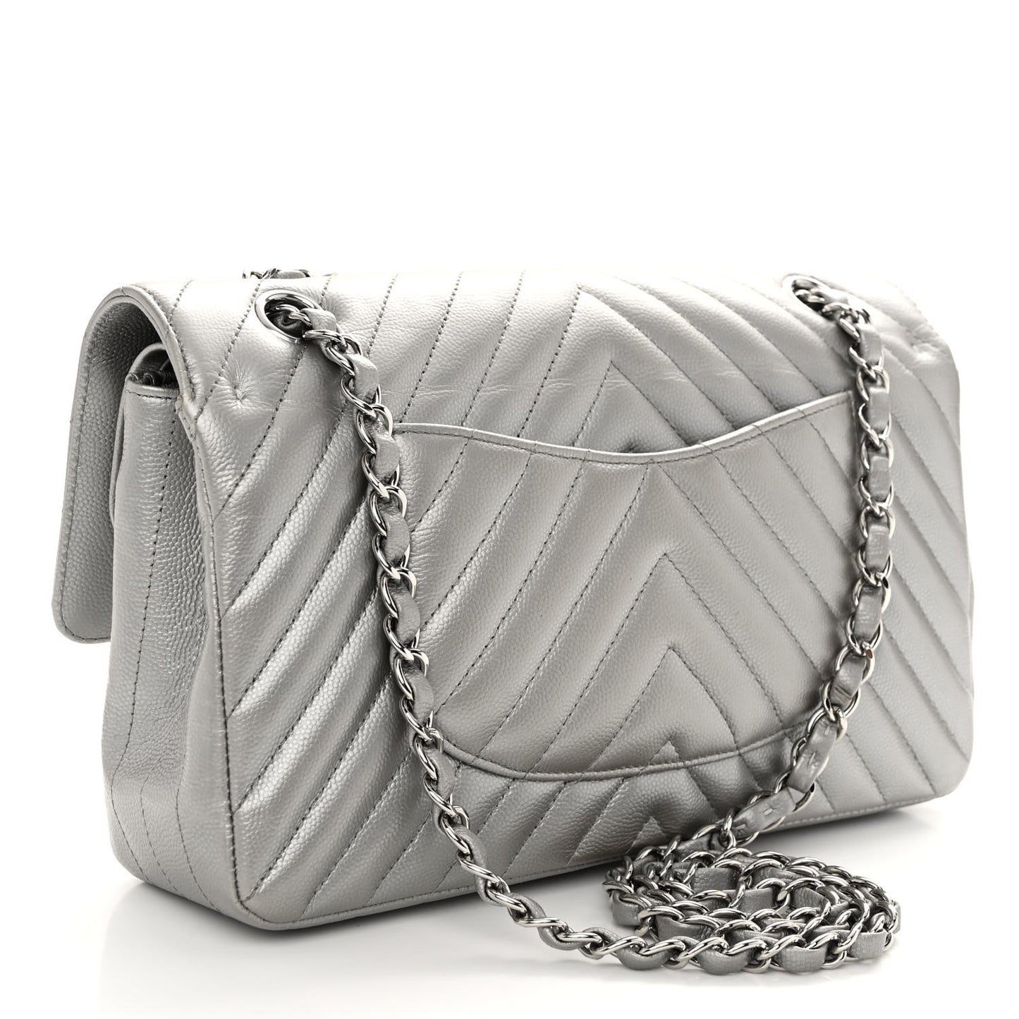 Metallic Caviar Chevron Quilted Medium Double Flap Silver