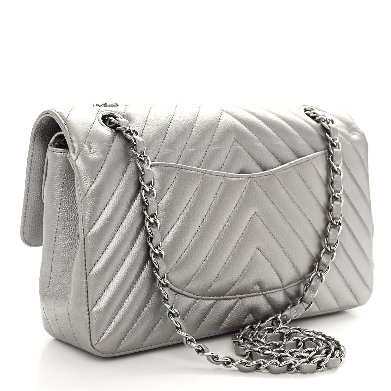Chanel Metallic Caviar Chevron Quilted Medium Double Flap Silver 3 of 12