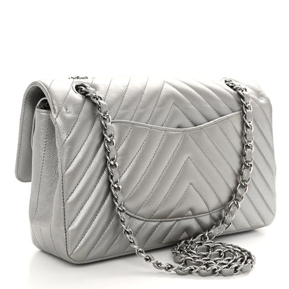 Chanel Metallic Caviar Chevron Quilted Medium Double Flap Silver 3 of 12