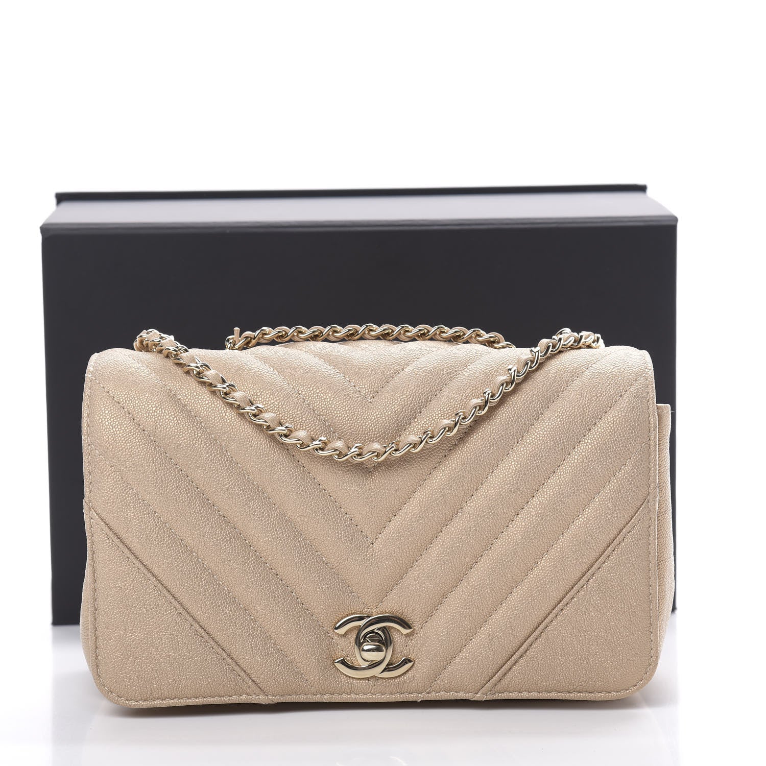 Chanel Metallic Caviar Chevron Quilted Medium Statement Flap Beige 12 of 12