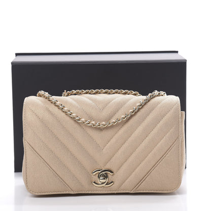 Chanel Metallic Caviar Chevron Quilted Medium Statement Flap Beige 12 of 12