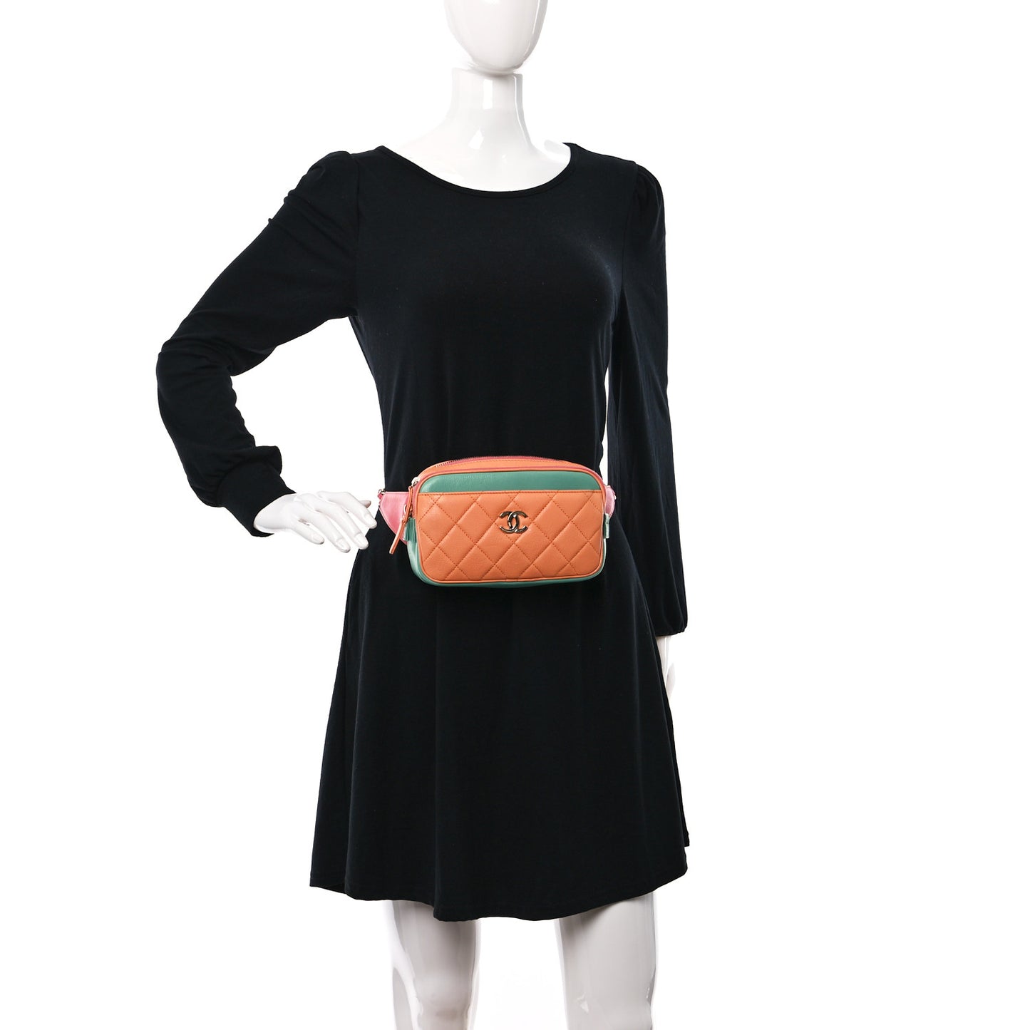 Goatskin Quilted Tri-Color In & Out Waist Bag Orange Green Pink