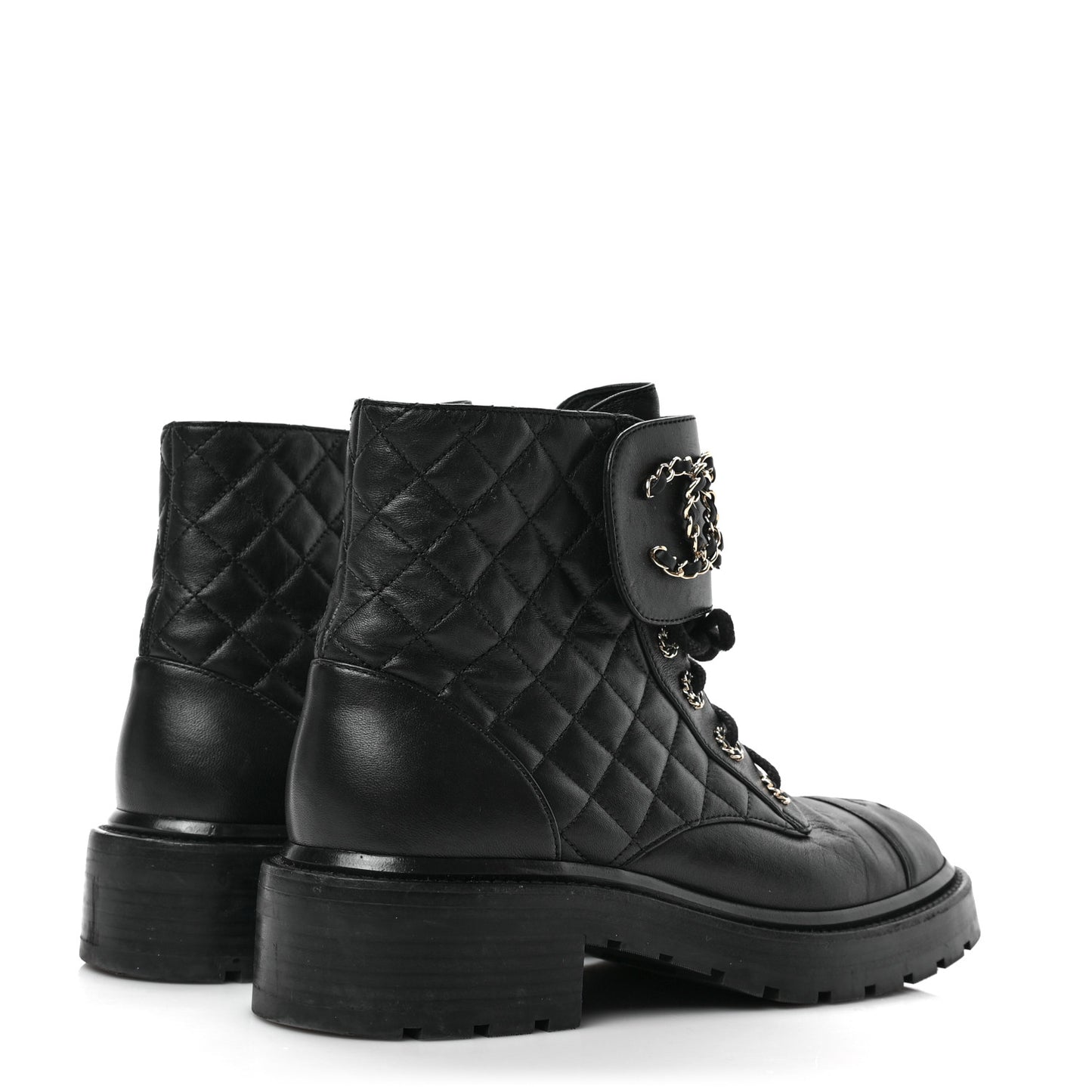 Shiny Lambskin Quilted Lace Up Combat Boots 40 Black