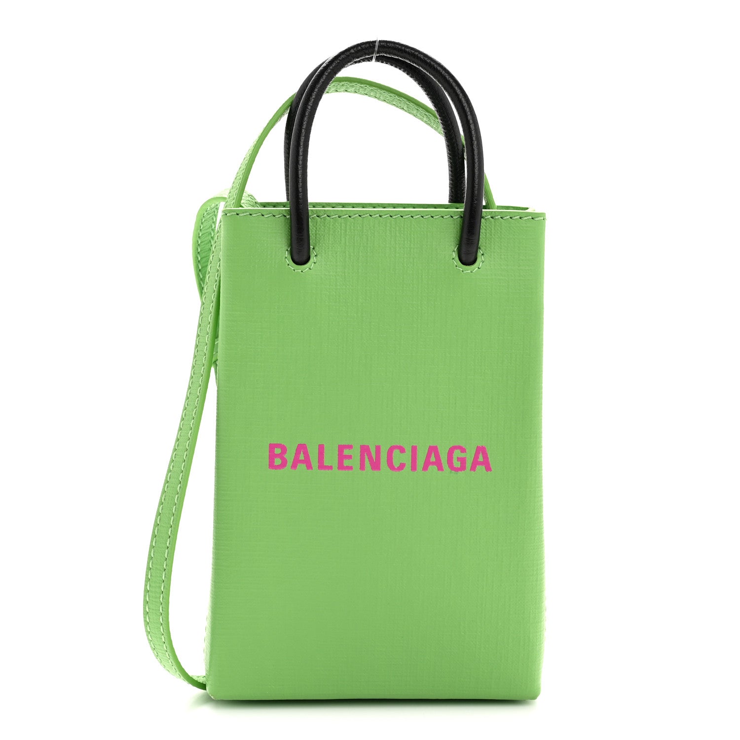 Balenciaga Squared Calfskin Logo Shopping Phone Holder Bag Light Green Fuchsia 1 of 10