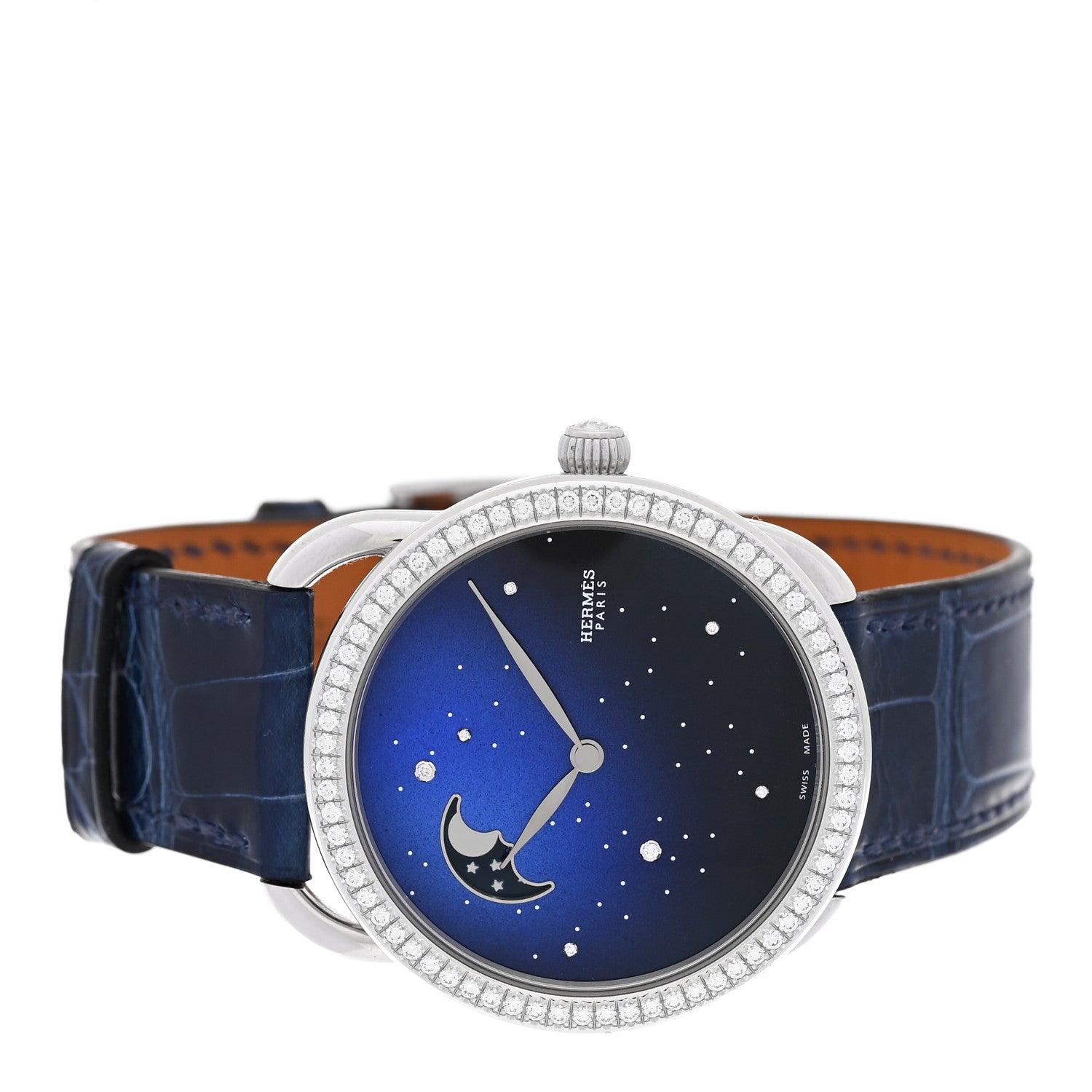 Hermes Stainless Steel Alligator Diamond Bezel Blue Mother of Pearl 38mm Arceau Petite Lune Automatic Watch Bleu Saphir 2 of 5