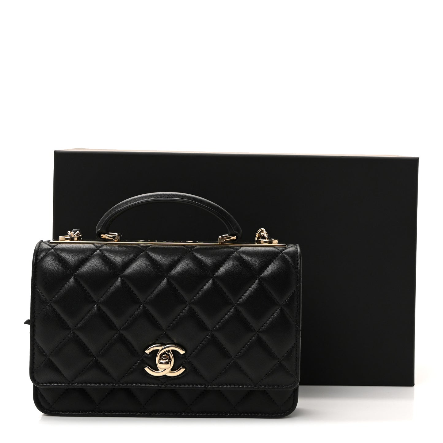 Lambskin Quilted Top Handle Trendy CC Wallet On Chain WOC Black