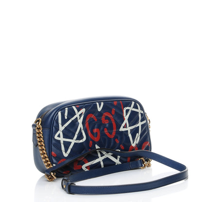 Gucci Calfskin Matelasse GucciGhost Small GG Marmont Chain Shoulder Bag Blue Agata Hibiscus Red 3 of 8