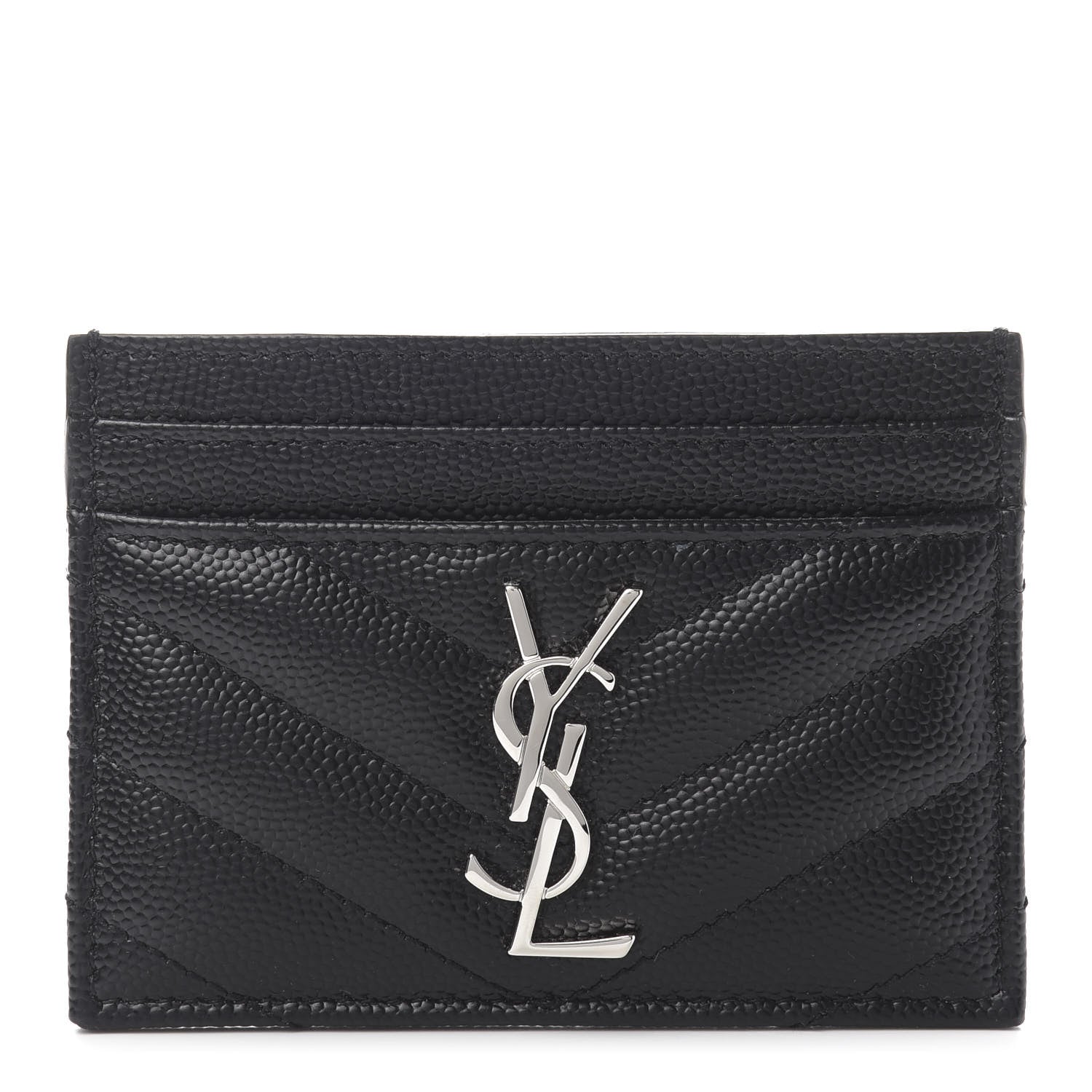 Saint Laurent Grain De Poudre Matelasse Chevron Monogram Credit Card Case Black 1 of 9