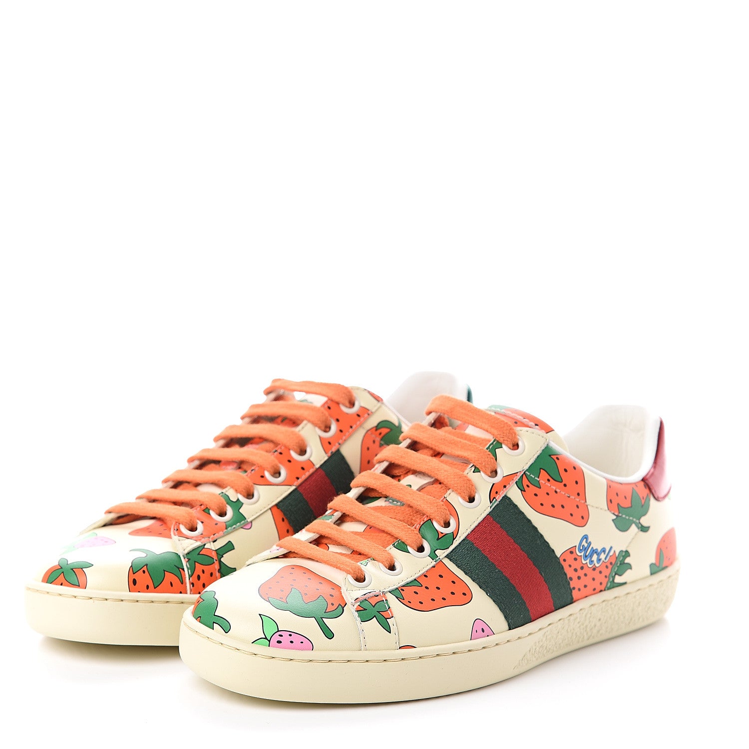 Gucci Calfskin Web Strawberry Print Womens Ace Sneakers 35.5 Ivory Red Green 3 of 7