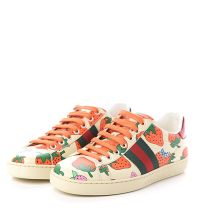 Gucci Calfskin Web Strawberry Print Womens Ace Sneakers 35.5 Ivory Red Green 3 of 7