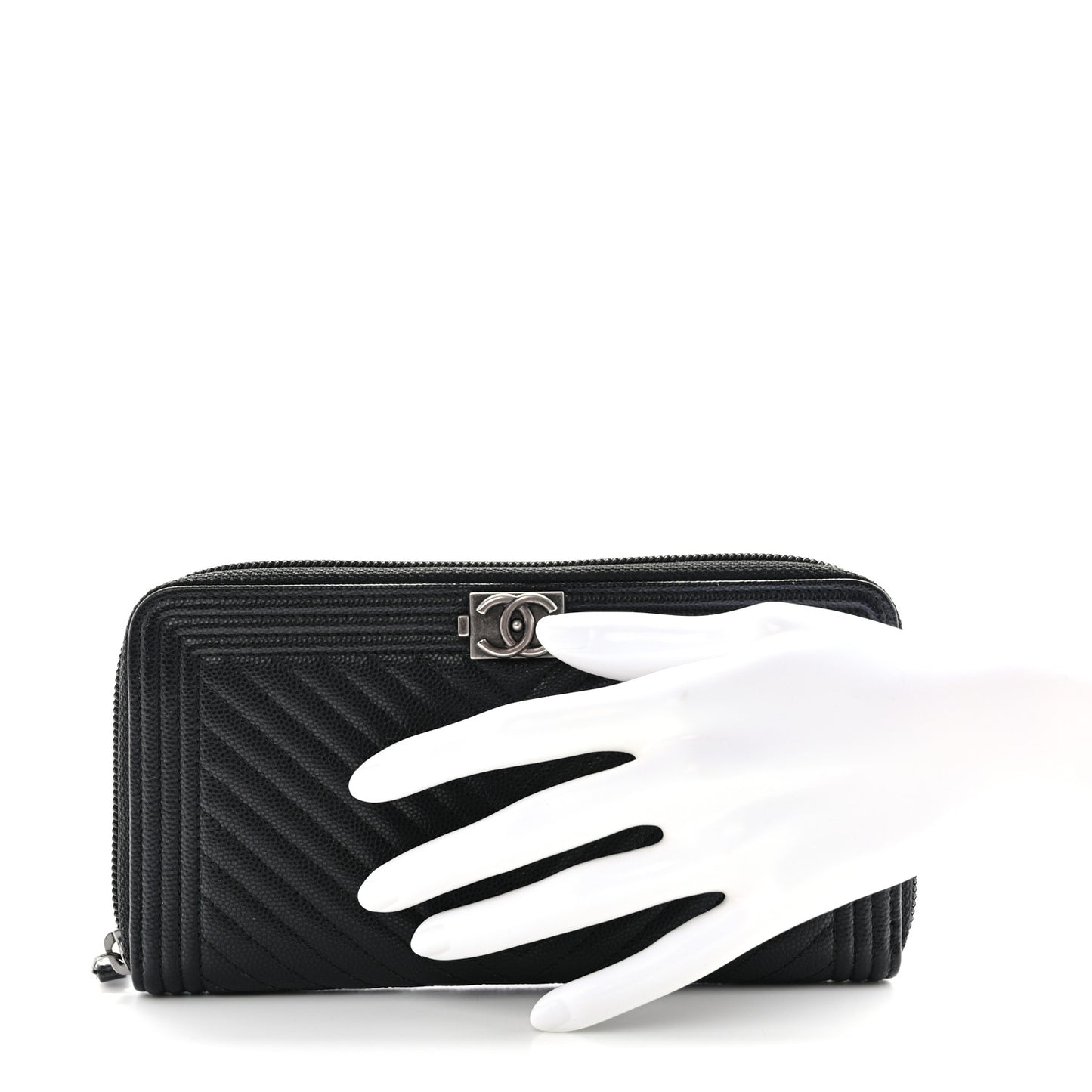 Caviar Chevron Quilted Zip Around Boy Wallet Black
