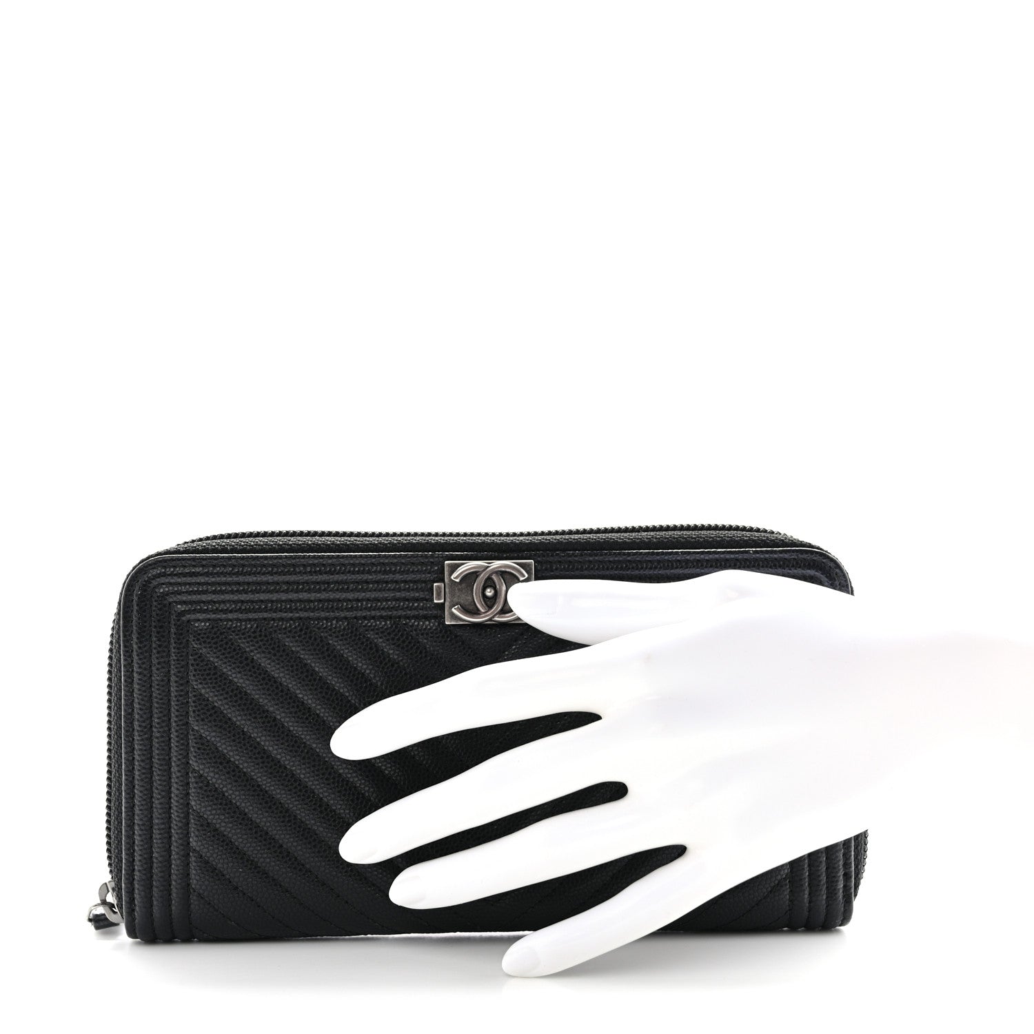 Chanel Caviar Chevron Quilted Zip Around Boy Wallet Black 2 of 8