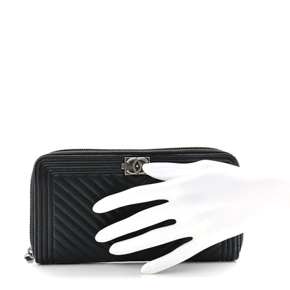 Chanel Caviar Chevron Quilted Zip Around Boy Wallet Black 2 of 8